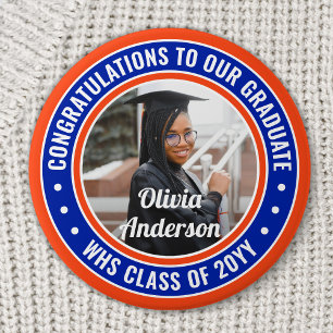 Any Text Graduation Photo Congrats Orange and Blue 7.5 Cm Round Badge