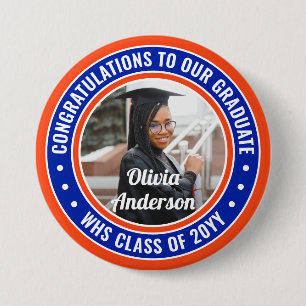Any Text Graduation Photo Congrats Orange and Blue 7.5 Cm Round Badge