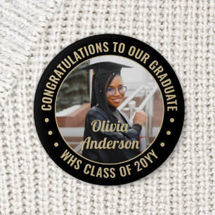 Any Text Graduation Photo Elegant Black and Gold 6 Cm Round Badge