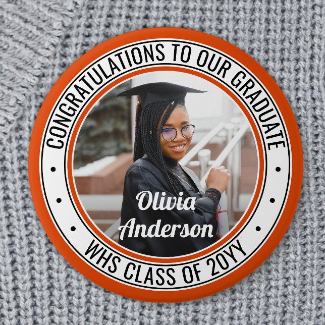 Any Text Graduation Photo Orange Black and White 7.5 Cm Round Badge (Creator Uploaded)