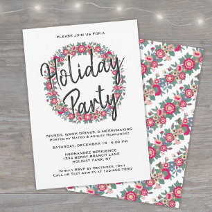 Any Text Holiday Floral Wreath Red Christmas Party Invitation