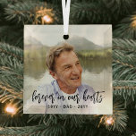 Any Text Memorial 1 Photo Simple Black Script Glass Tree Decoration<br><div class="desc">Honour a departed loved one for the holidays with a custom photo square glass Christmas ornament. Picture and all text on this template are simple to personalise. "Forever in our hearts" can be changed to "in loving memory of, " "an angel in heaven" or other wording. (IMAGE PLACEMENT TIP: An...</div>