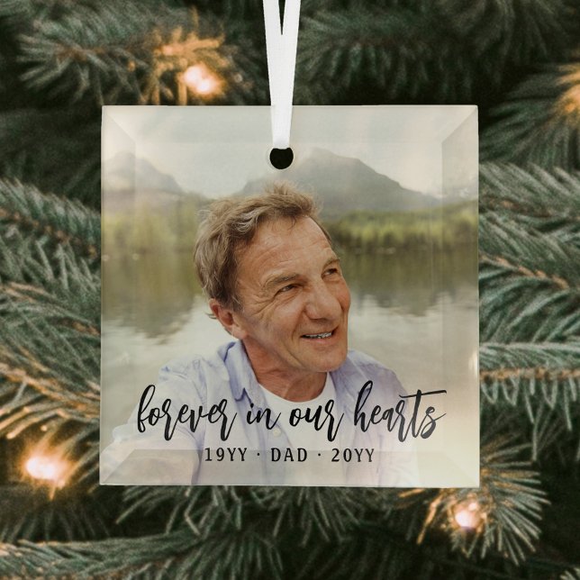 Any Text Memorial 1 Photo Simple Black Script Glass Tree Decoration (Creator Uploaded)