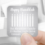 Any Text Menorah Faux Foil Return Address Labels<br><div class="desc">Add a chic holiday card finishing touch with these elegant white and faux silver foil glossy return address labels / envelope seals. All text can easily be customised with name and address. Modern minimalist design features the lit candles of a menorah and stylish script and calligraphy style typography. Happy Hanukkah!...</div>