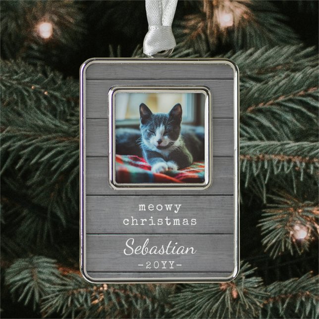 Any Text Meowy Christmas Cat Photo Grey Faux Wood  Silver Plated Framed Ornament (Creator Uploaded)