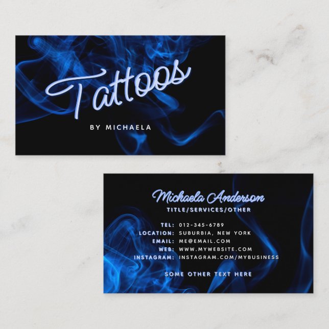 *ANY TEXT* Modern Blue Neon & Smoke Tattoo Business Card (Front/Back)