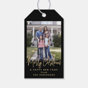 Any Text Modern Script Simple Photo Black and Gold Gift Tags