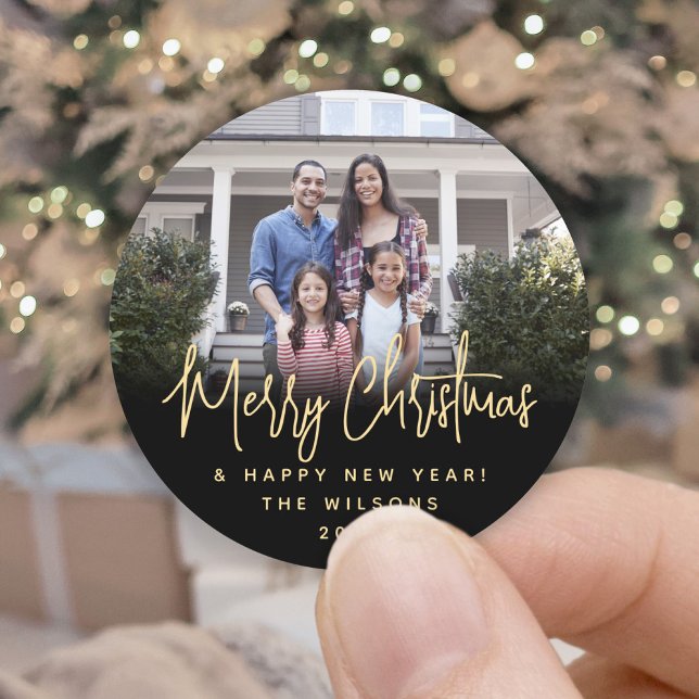 Any Text Modern Script Simple Photo Black & Gold Classic Round Sticker (Creator Uploaded)