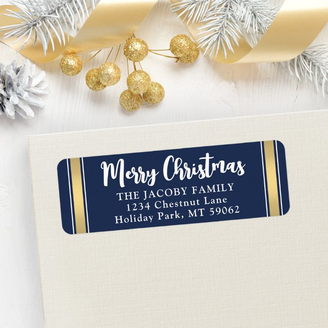 Any Text Navy Blue & Gold Christmas Return Address Label (Creator Uploaded)