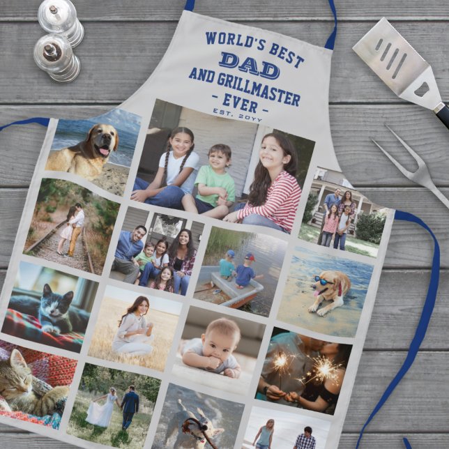 Any Text Photo Collage Best Dad Grey Blue Grilling Apron (Creator Uploaded)