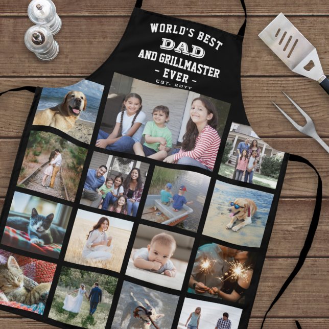 Any Text Photo Collage Best Dad Grill Master Black Apron (Creator Uploaded)