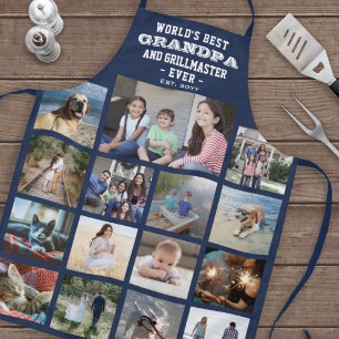 Any Text Photo Collage Best Grandpa Ever Navy Blue Apron