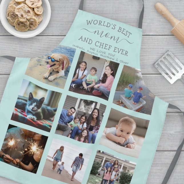 Any Text Photo Collage Best Mum Teal Blue & Grey Apron (Creator Uploaded)