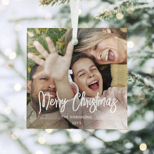 Any Text Photo Overlay Modern Brushed White Script Glass Tree Decoration