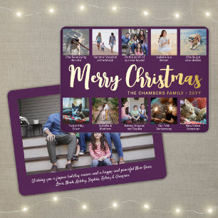 Any Text Purple 11 Photo Collage Simple Script Foil Holiday Card