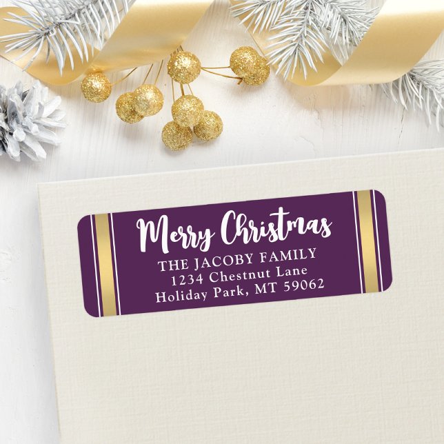 Any Text Purple and Gold Christmas Return Address Label (Creator Uploaded)
