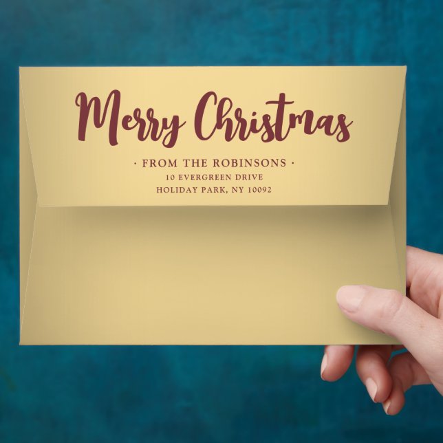 Any Text Return Address Burgundy & Gold Christmas Envelope (Hand)