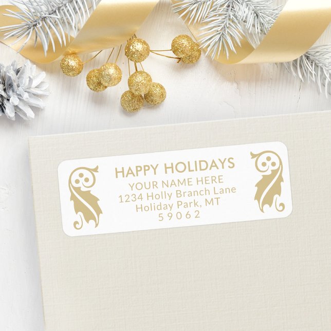 Any Text Simple Gold Holiday Holly Return Address Label (Creator Uploaded)