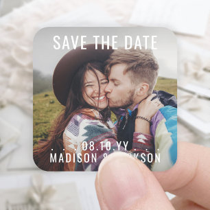 Any Text Simple Modern Photo Wedding Save The Date Square Sticker