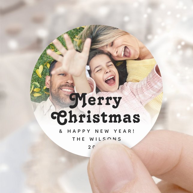 Any Text Simple Retro Typography Christmas Photo Classic Round Sticker (Creator Uploaded)