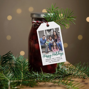 Any Text Trendy Brushed Green Script & Photo Gift Tags