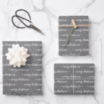 Any Text Typography Modern Grey Merry Christmas Wrapping Paper Sheet<br><div class="desc">Celebrate the simple joys of the holidays with elegant custom typography Christmas wrapping paper sheets. All text is simple to personalise. The modern minimalist calligraphy design features a grey background and stylish handwritten script typography Merry Christmas, which can be customised with any text such as a name or other greeting,...</div>