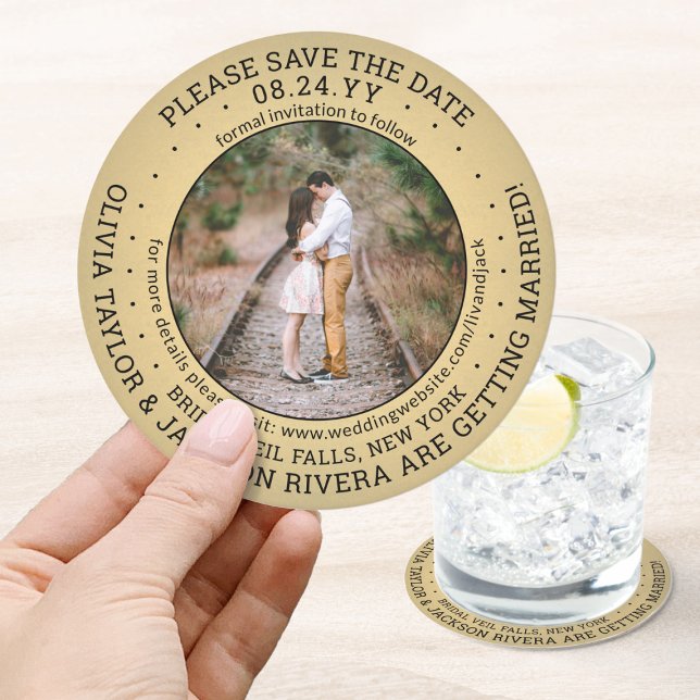 Any Text Wedding Save the Date Photo Gold & Black Round Paper Coaster (Creator Uploaded)