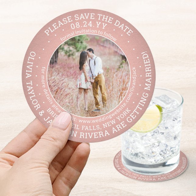 Any Text Wedding Save the Date Photo Pink & White Round Paper Coaster (Creator Uploaded)