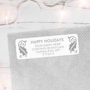 Any Text White & Grey Holiday Holly Return Address Label