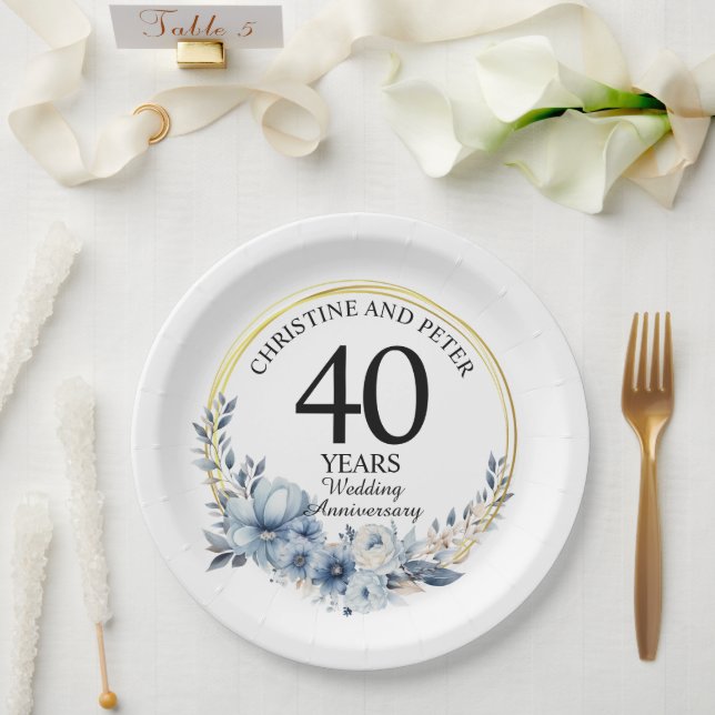 Any Wedding (40) Elegant Blue Floral Anniversary Paper Plate (Wedding)