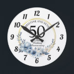 Any Wedding (50) Elegant Blue Floral Anniversary Round Clock<br><div class="desc">Any Wedding Elegant Blue Floral Anniversary wall clock - this elegant Blue Floral with Gold Frame any year wedding anniversary wall clock can be personalised with your special wedding anniversary year!</div>