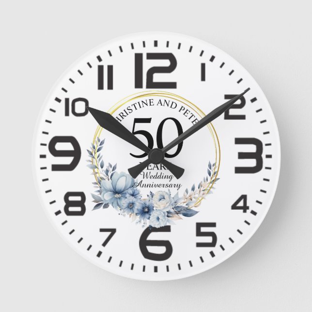 Any Wedding (50) Elegant Blue Floral Anniversary Round Clock (Front)