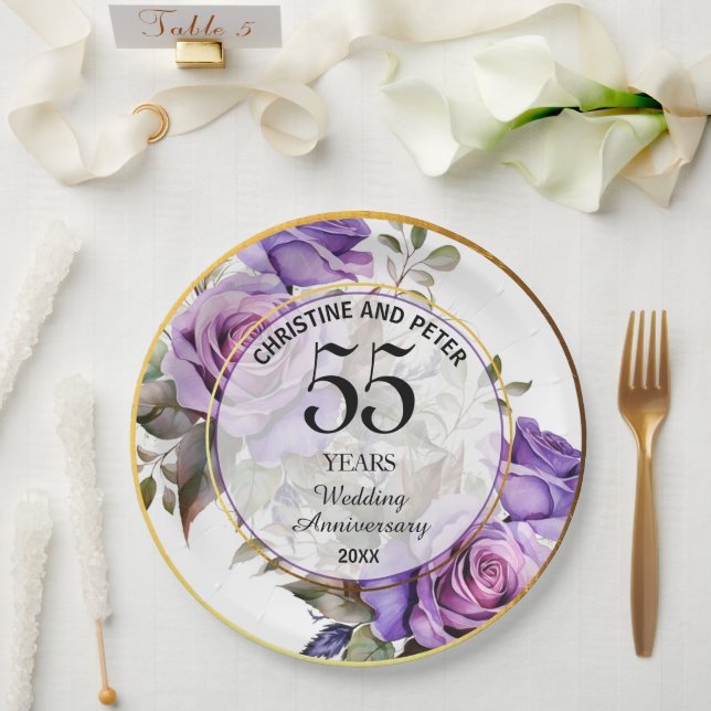 Any Wedding (55) Gold Frame Roses Anniversary Paper Plate (Wedding)