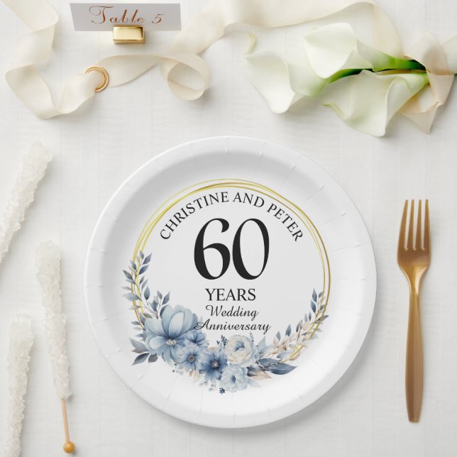 Any Wedding (60) Elegant Blue Floral Anniversary Paper Plate (Wedding)