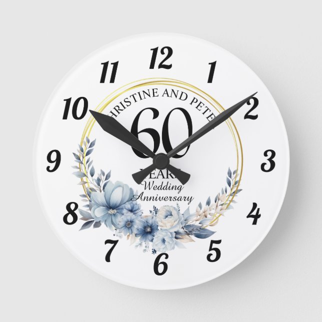 Any Wedding (60) Elegant Blue Floral Anniversary Round Clock (Front)
