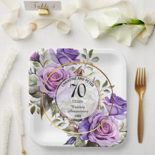 Any Wedding (70) Gold Frame Roses Anniversary Paper Plate