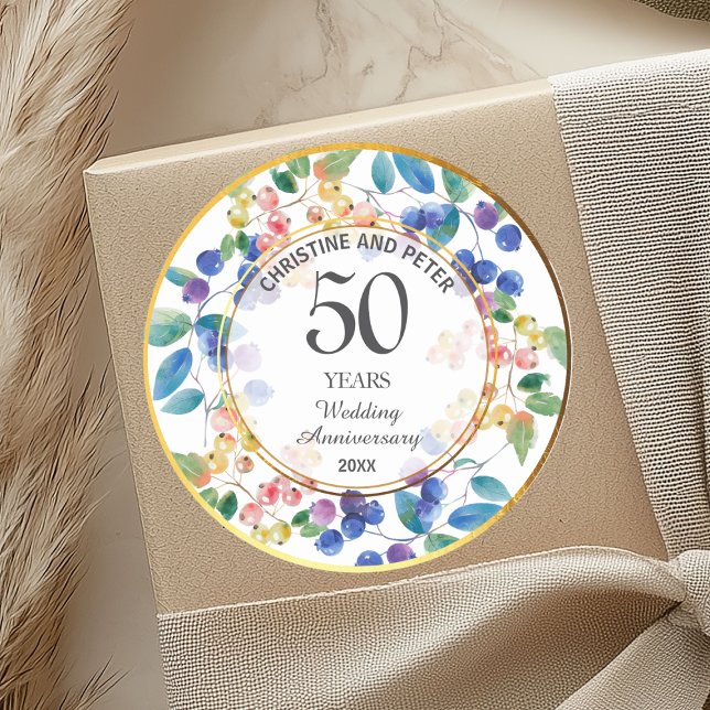Any Wedding Anniversary (50) Gold Frame Berries Classic Round Sticker (Creator Uploaded)