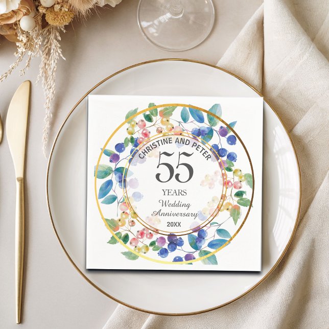 Any Wedding Anniversary (55) Gold Frame Berries Napkin (Creator Uploaded)