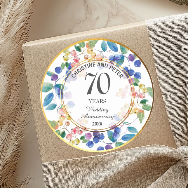 Any Wedding Anniversary (70) Gold Frame Berries Classic Round Sticker (Creator Uploaded)