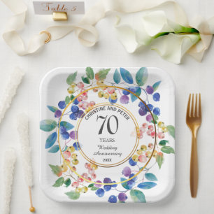 Any Wedding Anniversary (70) Gold Frame Berries Paper Plate