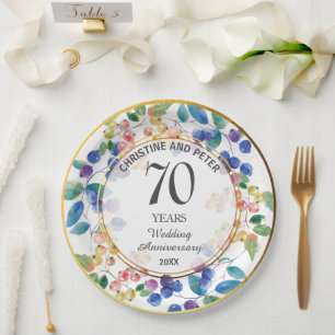 Any Wedding Anniversary (70) Gold Frame Berries Paper Plate