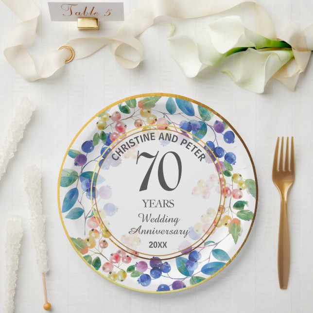 Any Wedding Anniversary (70) Gold Frame Berries Paper Plate (Wedding)