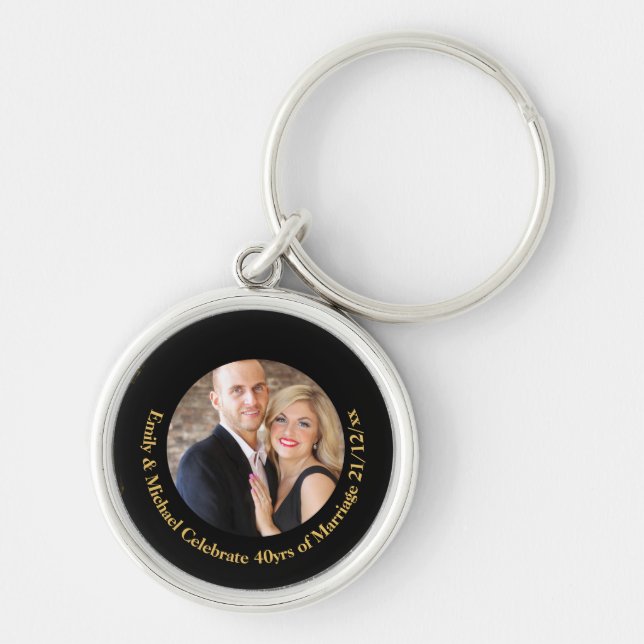 ANY Wedding Anniversary Black Gold Marble PHOTO Key Ring (Front)