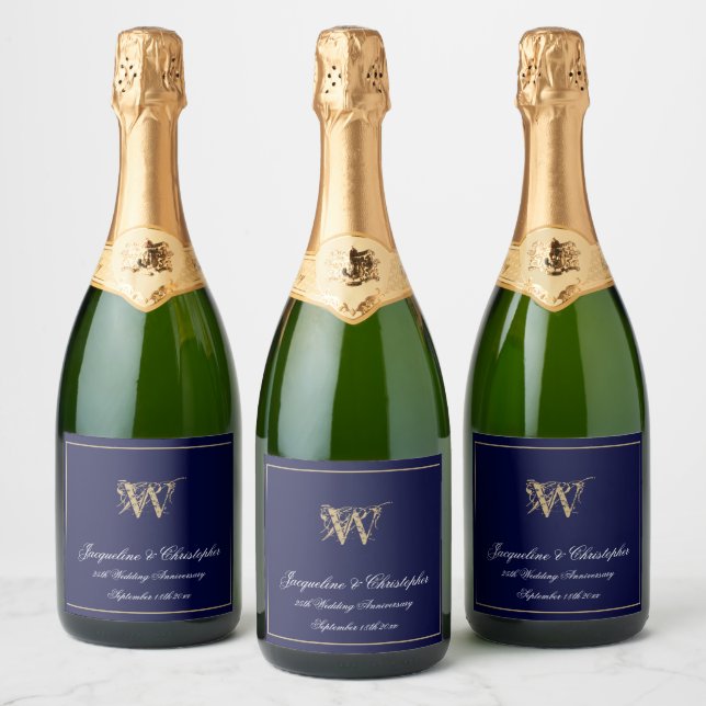 Any Wedding Anniversary Monogram Chic Navy Blue    Sparkling Wine Label (Bottles)