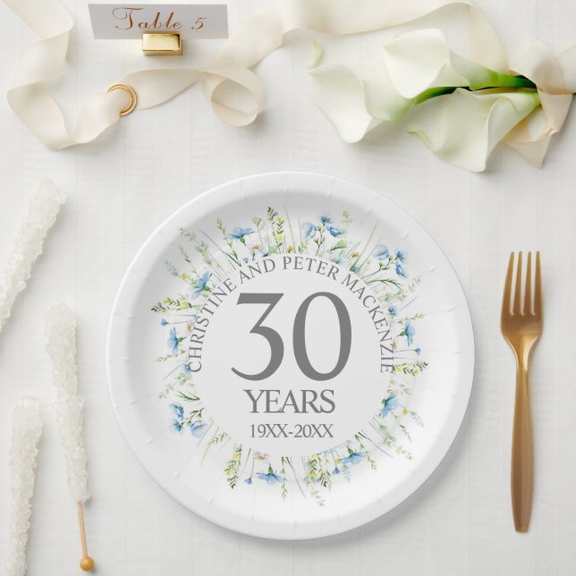 Any Wedding Blue Widlflowers Anniversary Paper Plate (Wedding)