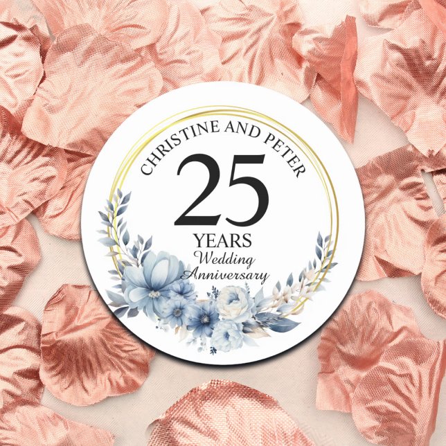 Any Wedding Elegant Blue Floral Anniversary Classic Round Sticker (Creator Uploaded)