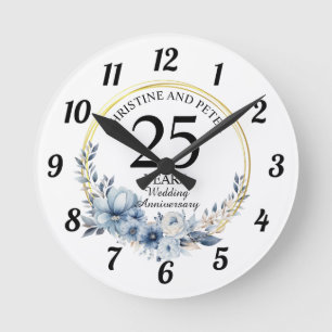 Any Wedding Elegant Blue Floral Anniversary Round Clock