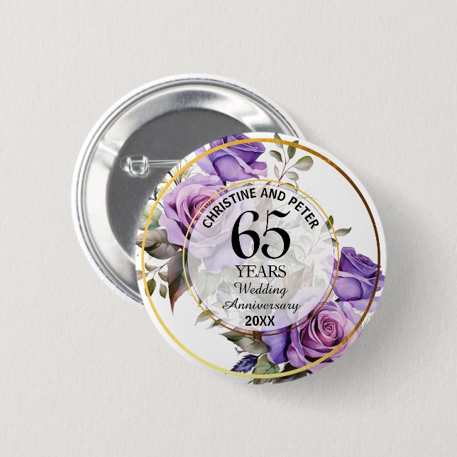 Any Wedding Gold Frame Purple Roses Anniversary  6 Cm Round Badge (Front & Back)