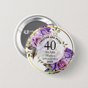 Any Wedding Gold Frame Purple Roses Anniversary 6 Cm Round Badge