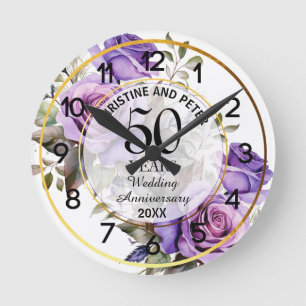 Any Wedding Gold Frame Purple Roses Anniversary  Round Clock